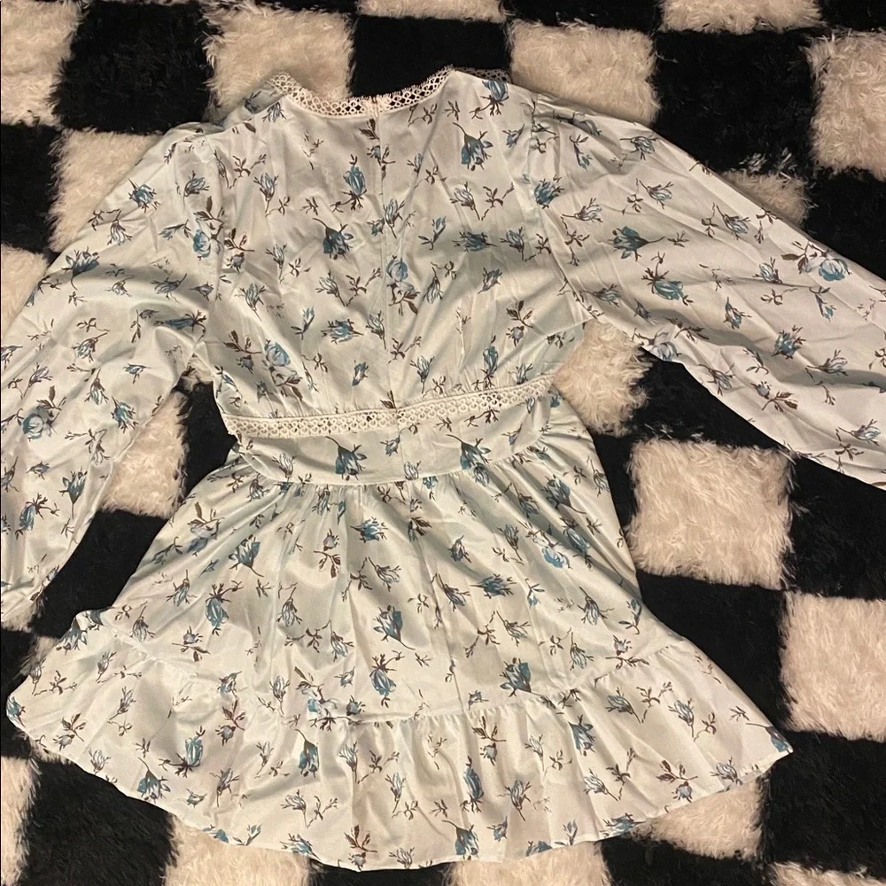 Light Blue Floral Lace Trim Mini Dress - Picture 3 of 5